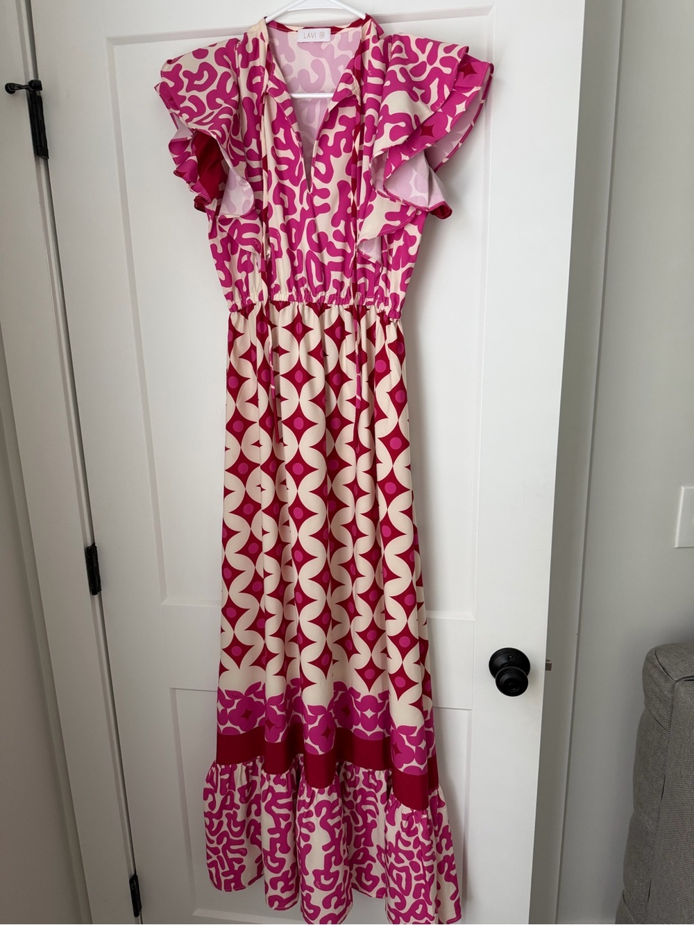 Majo Lavi Women's Pink, Red & Cream Printed Ruffle Maxi Dress